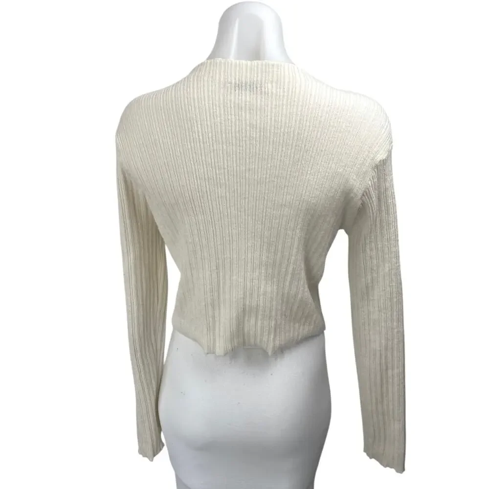 Zara Women's Cream White Ribbed Knit Long Sleeve Pullover Crop Sweater Top Sz L